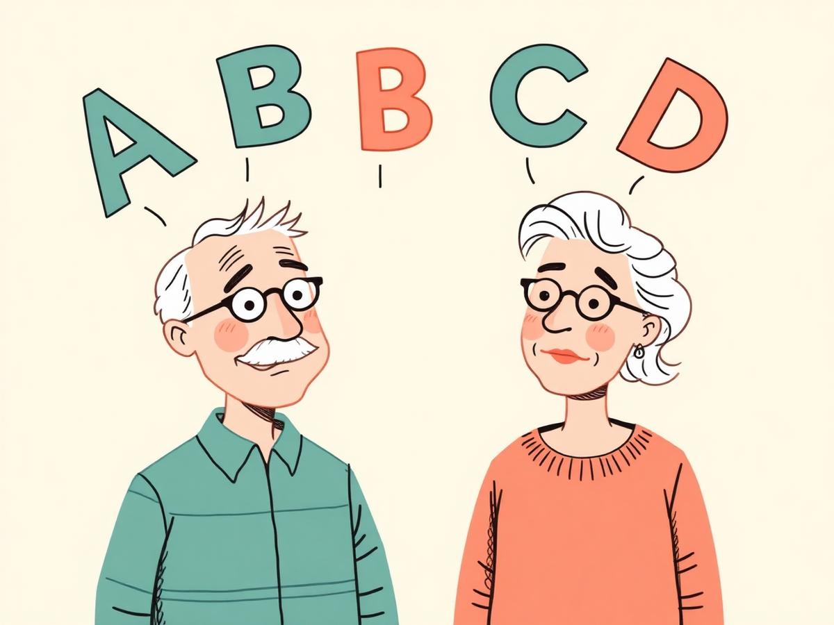 Illustration of confused couple looking at floating letters A, B, C, D