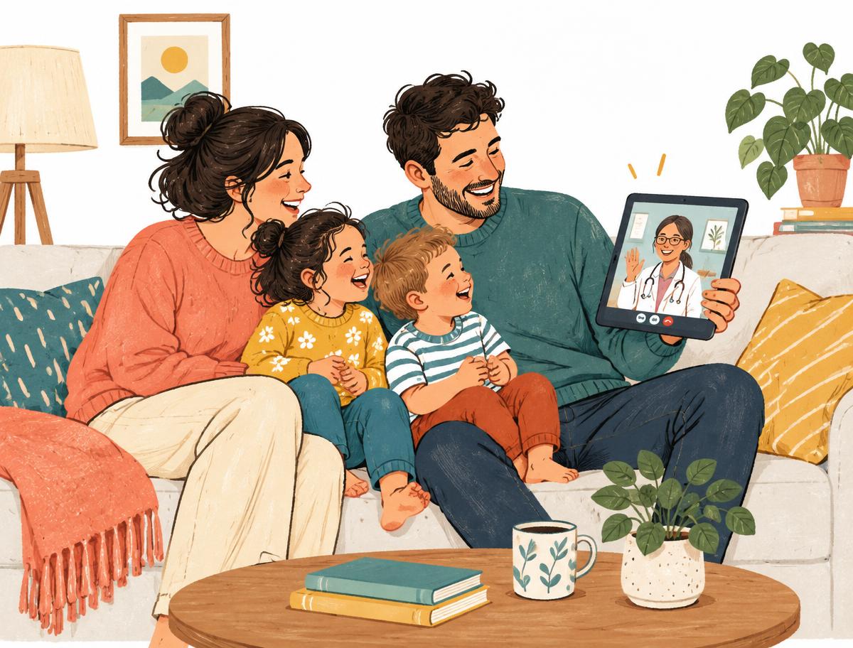 Young family on a video visit with a doctor